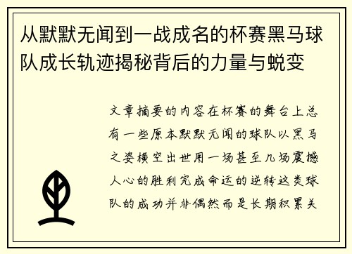 从默默无闻到一战成名的杯赛黑马球队成长轨迹揭秘背后的力量与蜕变
